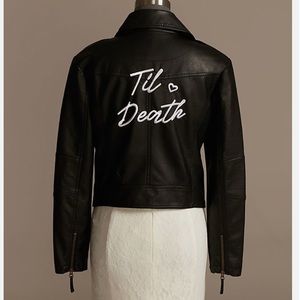 David’s Bridal til death script black vegan leather moto jacket